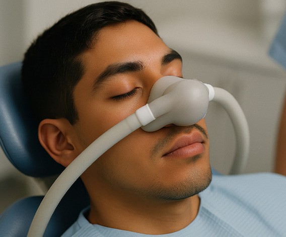 Man wearing nasal mask to receive nitrous oxide